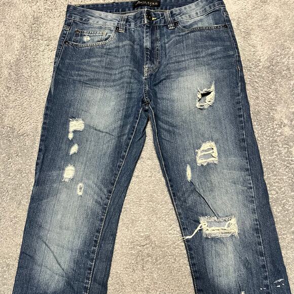 Marc Ecko Cut & Sew Denim Jeans Mens 32 x32  Slim Tapered  Distressed Whiskering - Picture 3 of 12